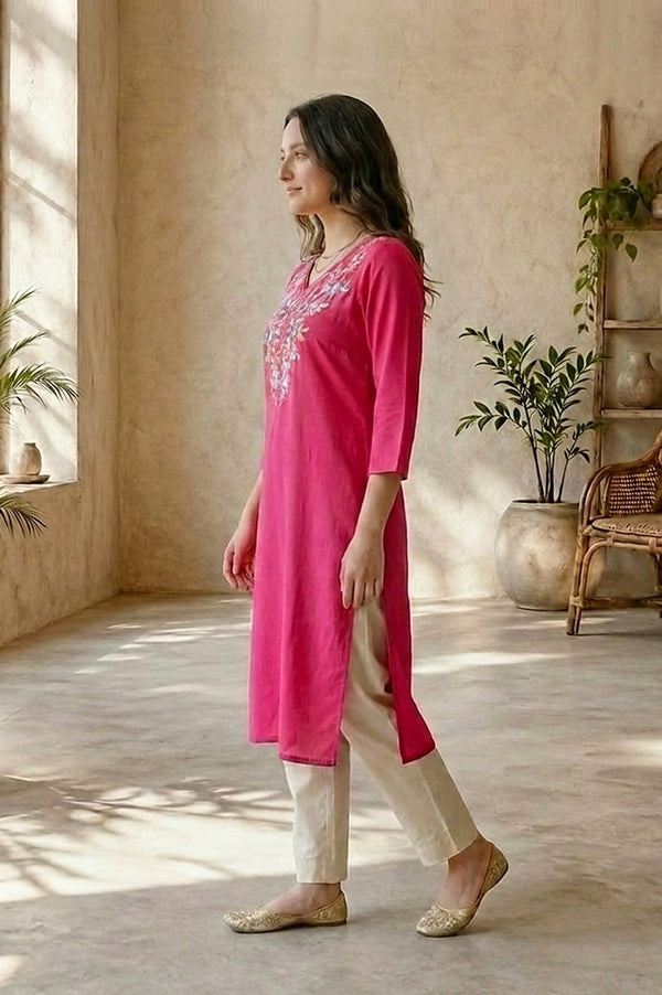 Fuchsia Embroidered Rayon Straight Kurta