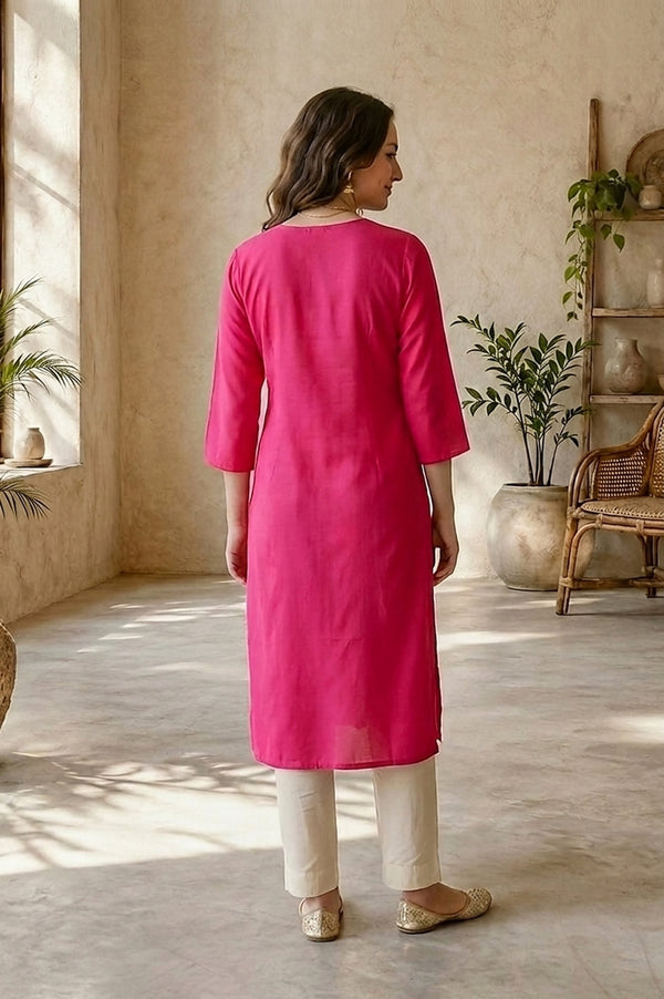 Fuchsia Embroidered Rayon Straight Kurta