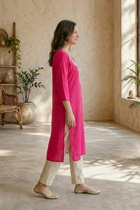 Fuchsia Embroidered Rayon Straight Kurta