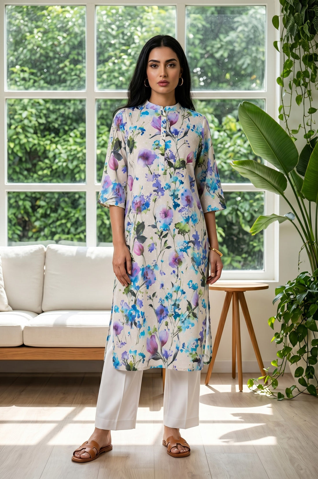 Cream Floral Printed Cotton Blend Straight Kurta