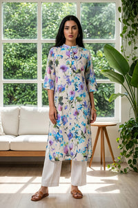 Cream Floral Printed Cotton Blend Straight Kurta