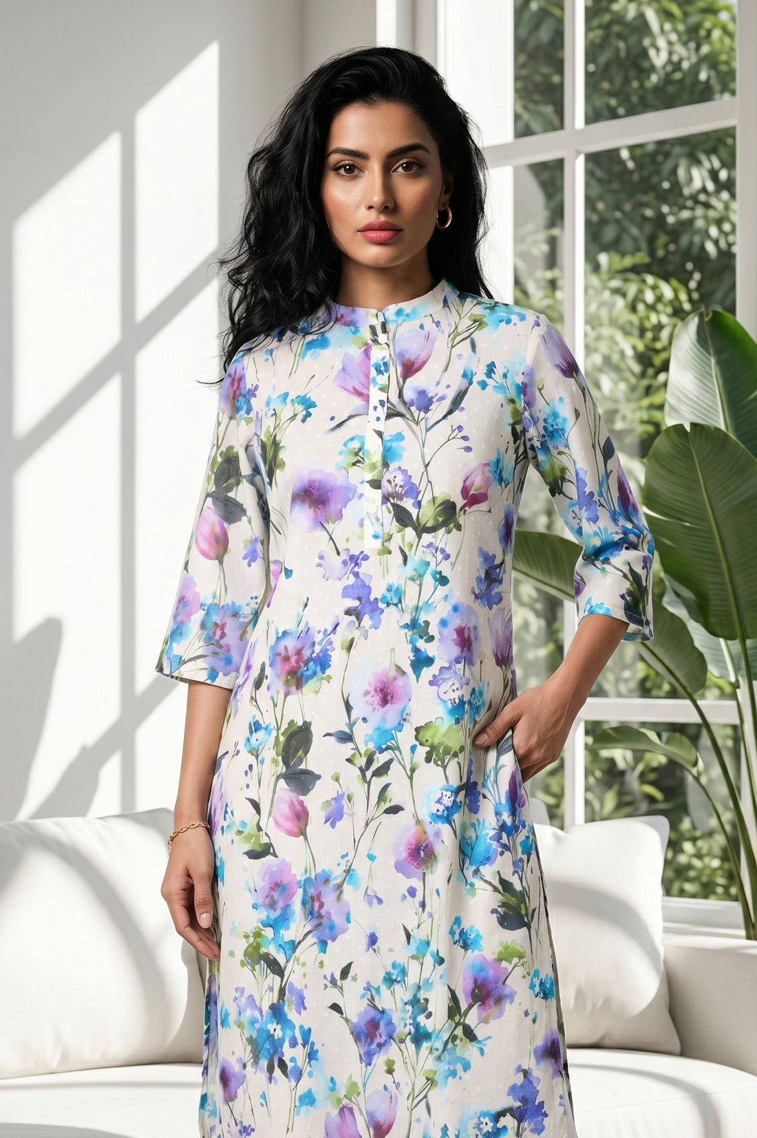 Cream Floral Printed Cotton Blend Straight Kurta