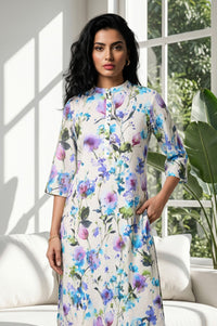 Cream Floral Printed Cotton Blend Straight Kurta