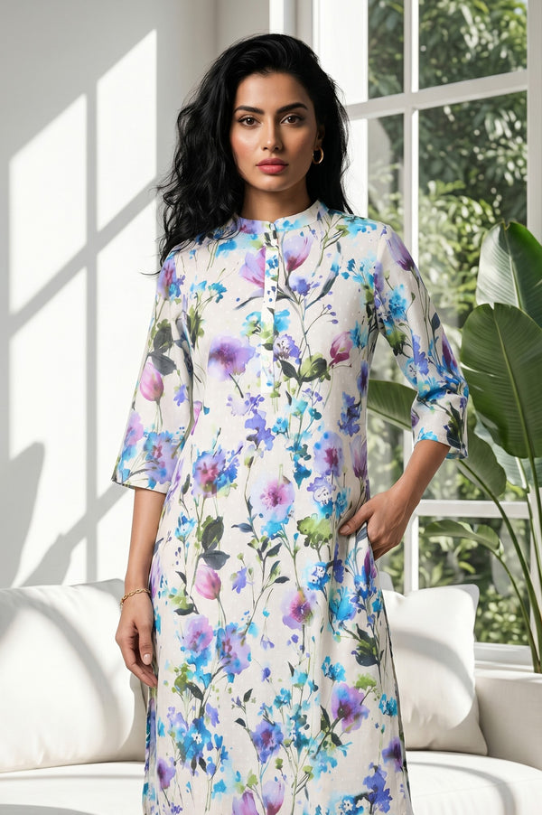 Cream Floral Printed Cotton Blend Straight Kurta