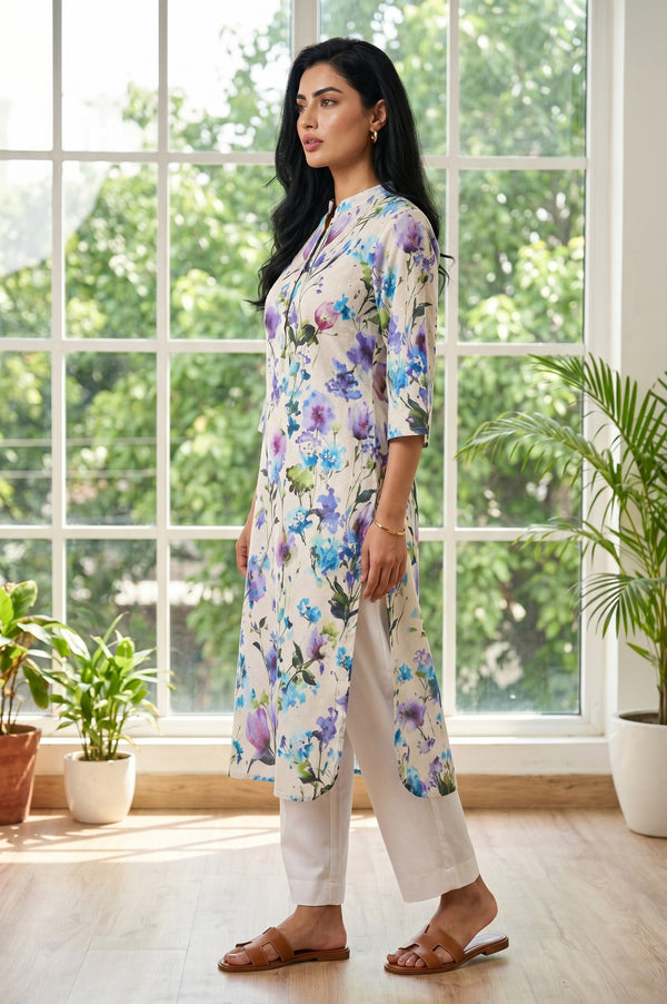Cream Floral Printed Cotton Blend Straight Kurta