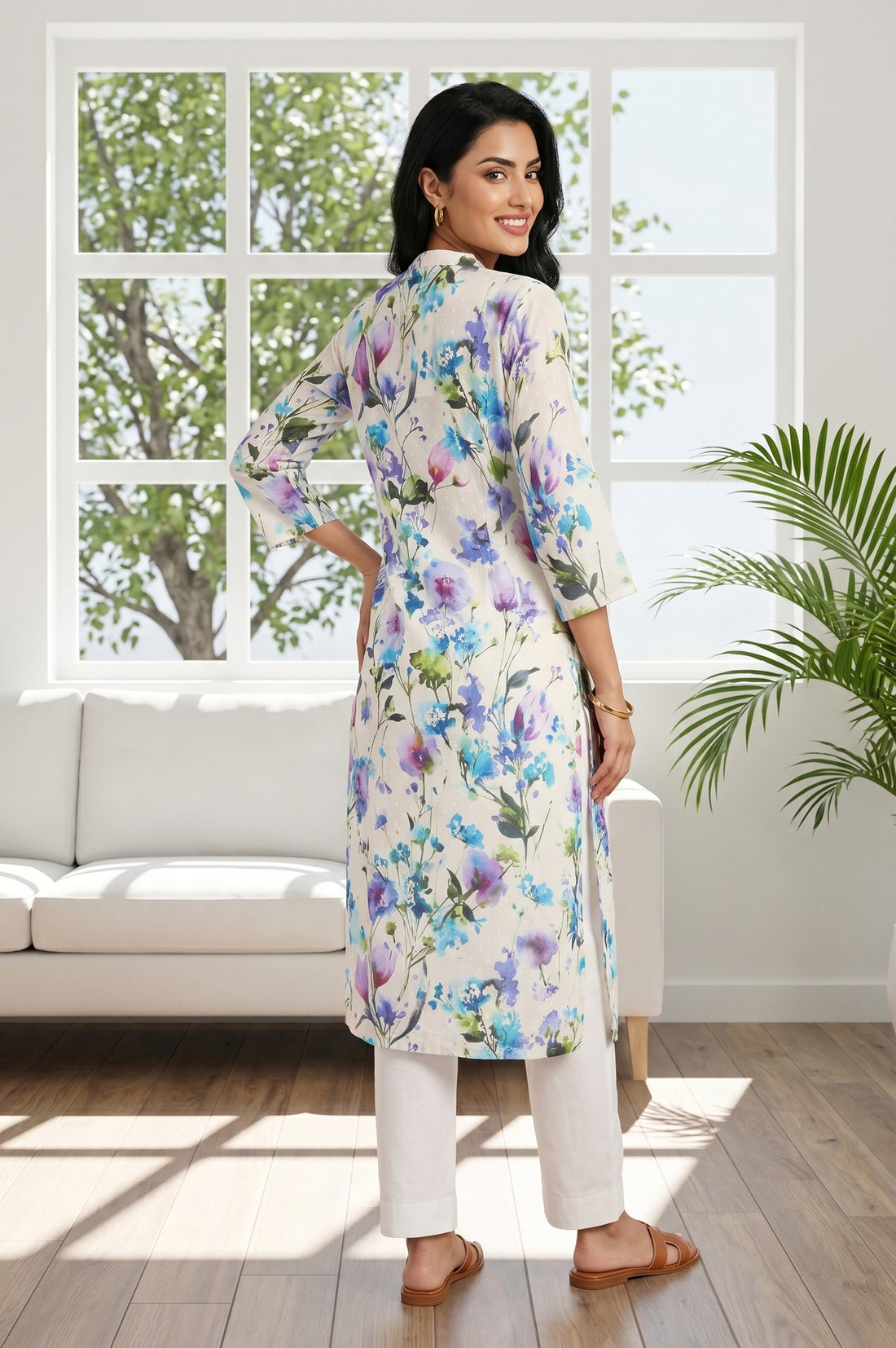 Cream Floral Printed Cotton Blend Straight Kurta