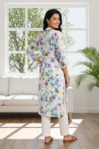Cream Floral Printed Cotton Blend Straight Kurta
