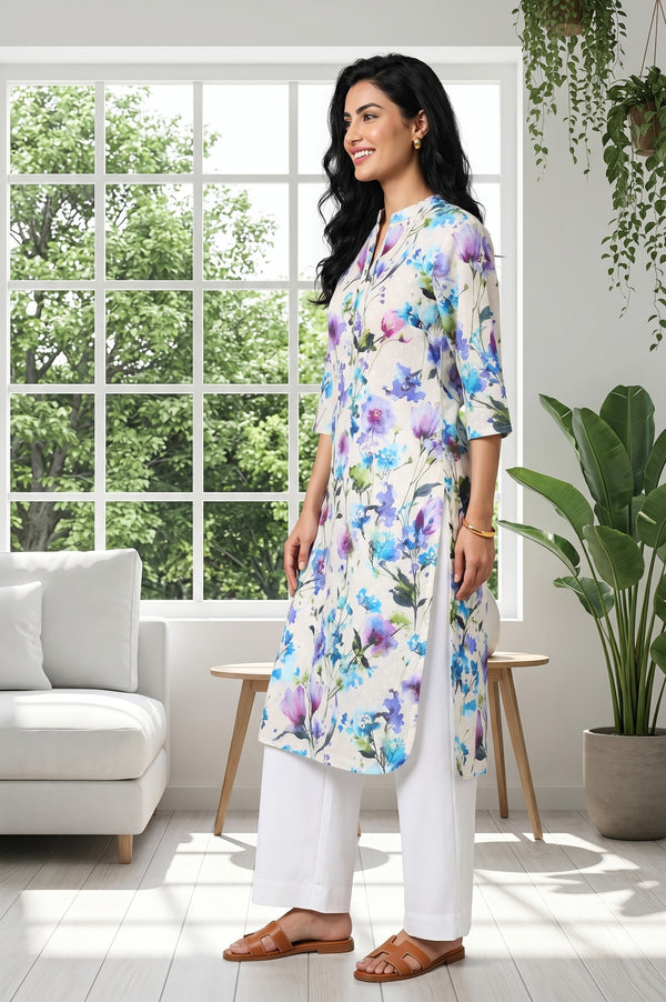 Cream Floral Printed Cotton Blend Straight Kurta
