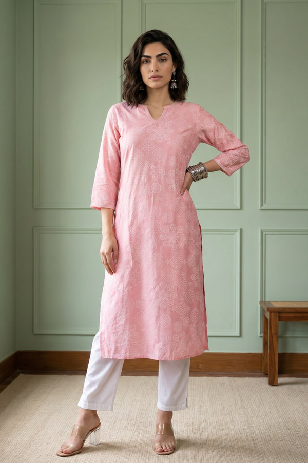 Aurelia Women's Pink Geometric Printed Embroidered Straight Kurta