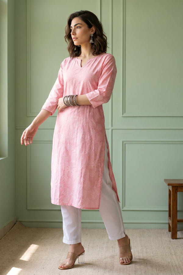 Aurelia Women's Pink Geometric Printed Embroidered Straight Kurta