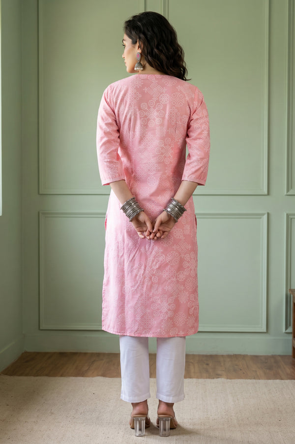 Aurelia Women's Pink Geometric Printed Embroidered Straight Kurta