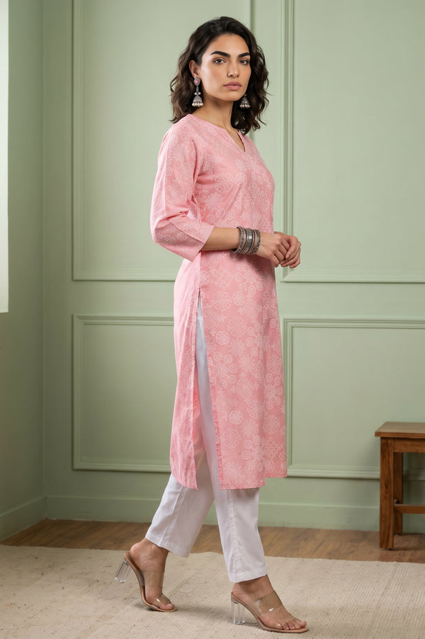Aurelia Women's Pink Geometric Printed Embroidered Straight Kurta