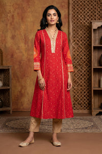 Red Floral Printed A-line Kurta