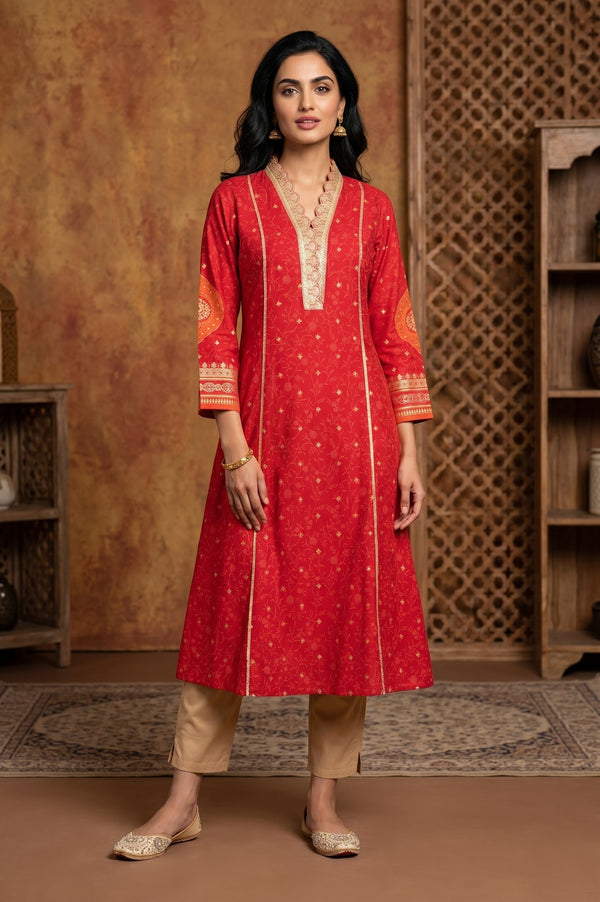Red Floral Printed A-line Kurta