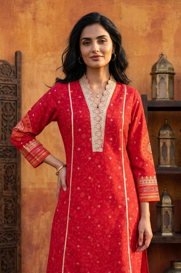 Red Floral Printed A-line Kurta