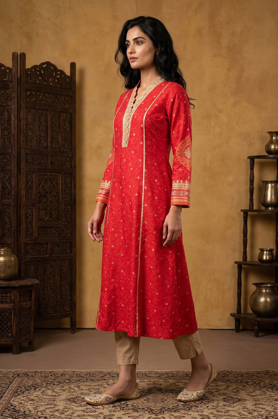 Red Floral Printed A-line Kurta