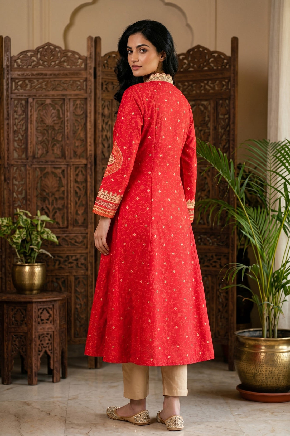 Red Floral Printed A-line Kurta