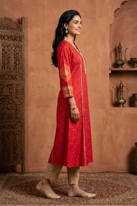 Red Floral Printed A-line Kurta