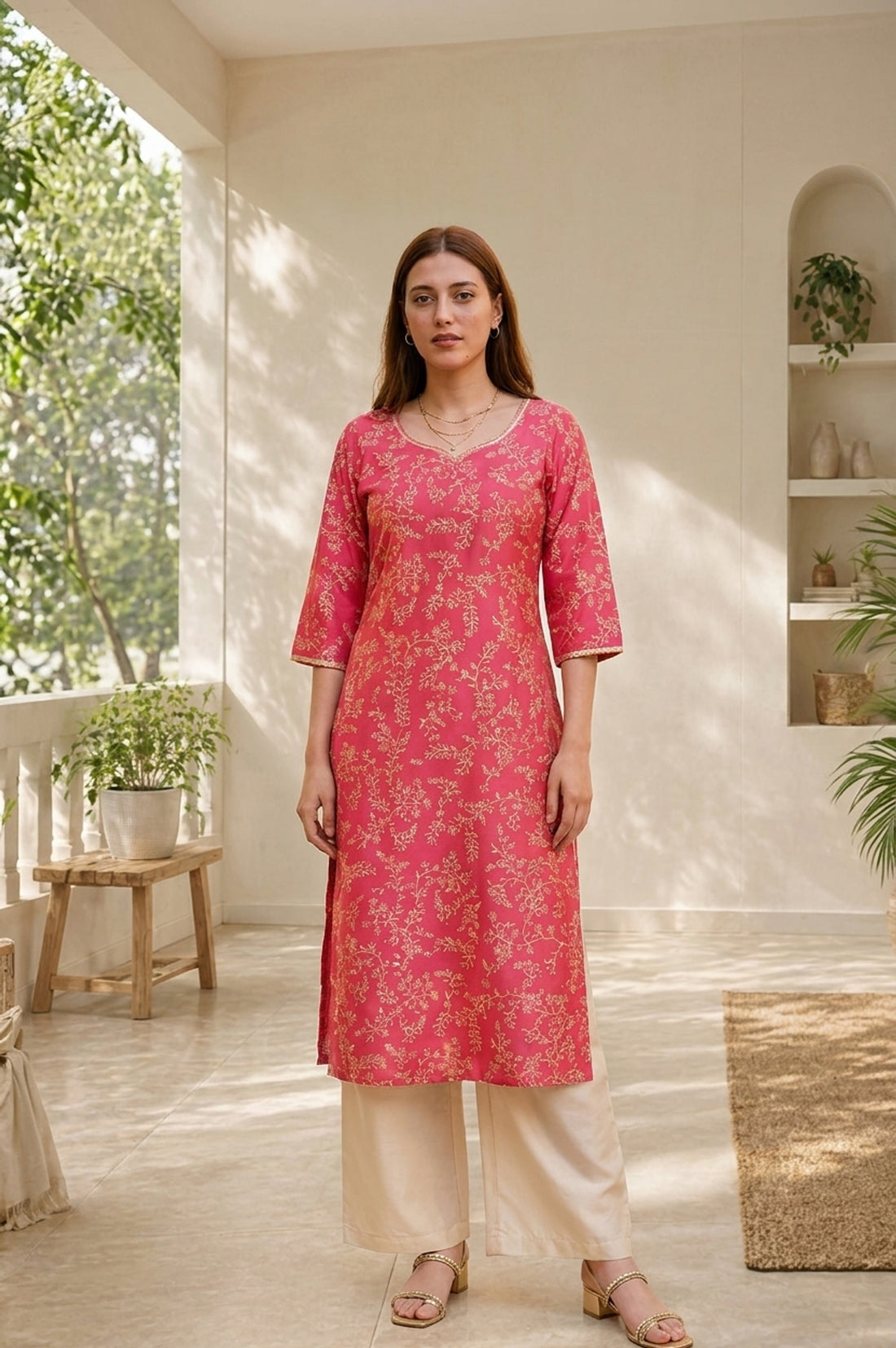 Pink Floral Printed Straight Kurta