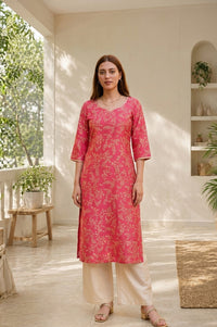 Pink Floral Printed Straight Kurta