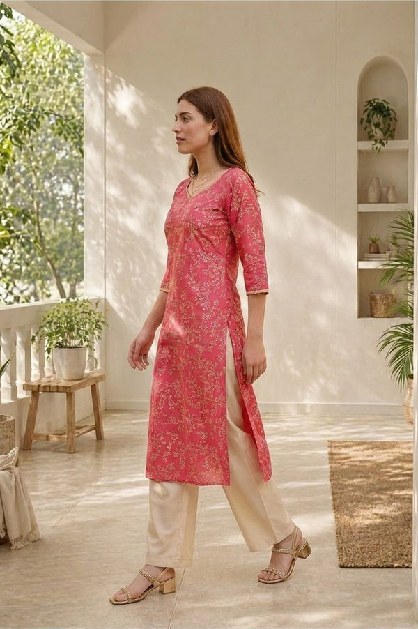 Pink Floral Printed Straight Kurta