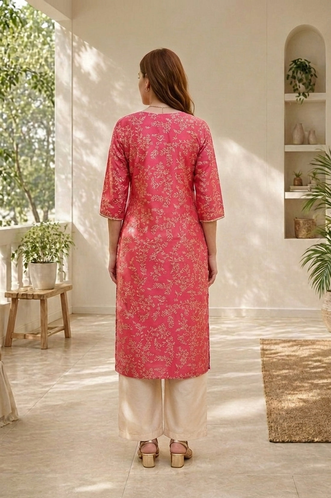 Pink Floral Printed Straight Kurta