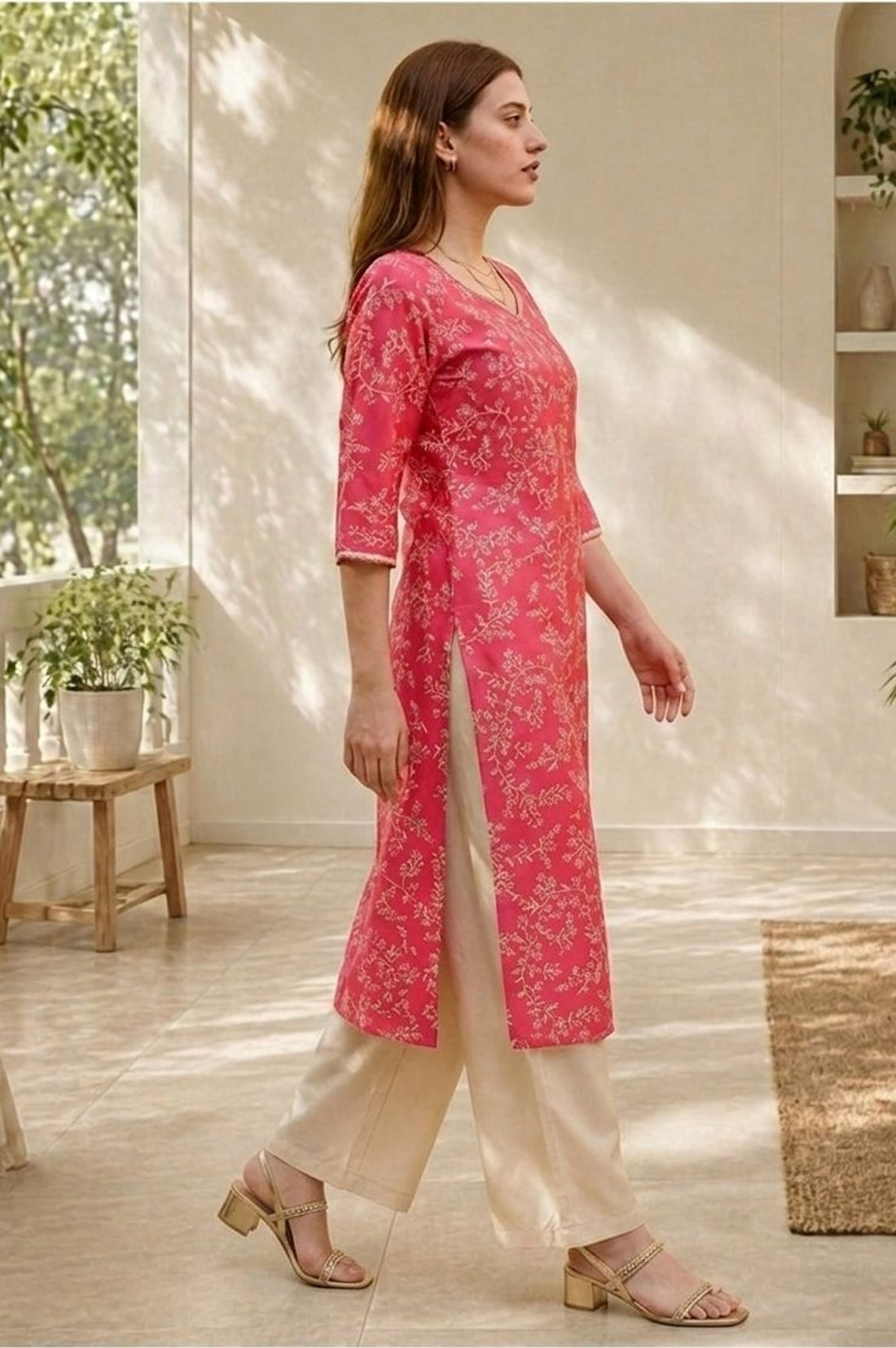 Pink Floral Printed Straight Kurta