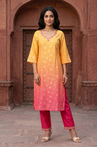 Mustard Ombre Ethnic Motifs Embroidered Straight Kurta