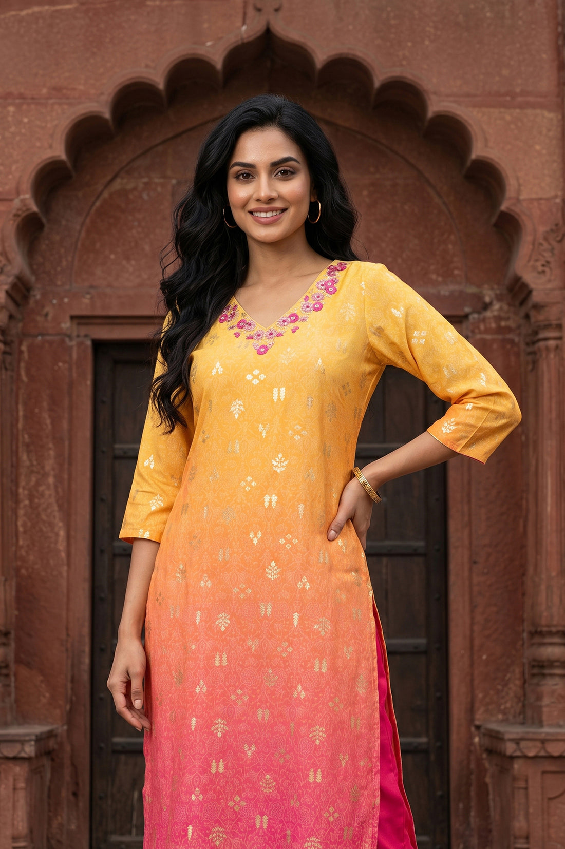 Mustard Ombre Ethnic Motifs Embroidered Straight Kurta