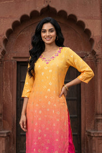 Mustard Ombre Ethnic Motifs Embroidered Straight Kurta