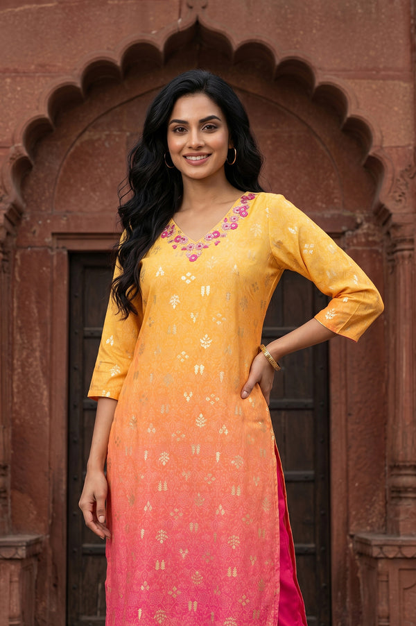 Mustard Ombre Ethnic Motifs Embroidered Straight Kurta