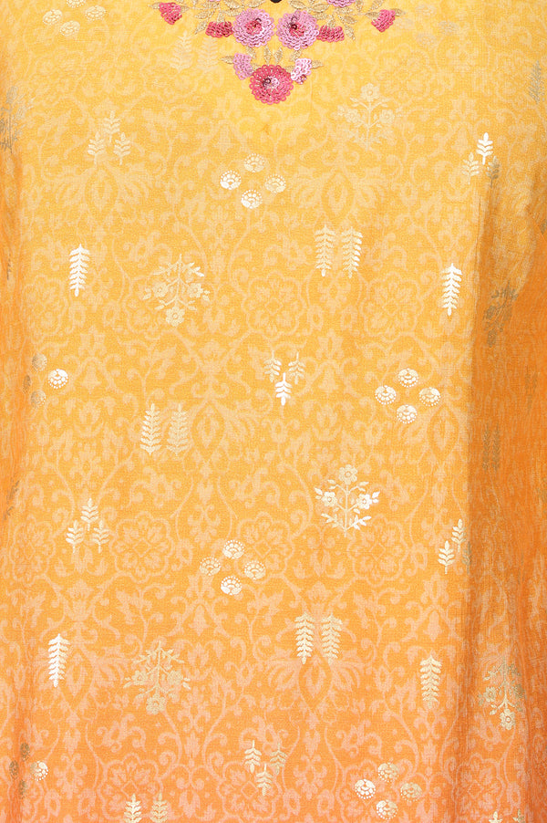 Mustard Ombre Ethnic Motifs Embroidered Straight Kurta