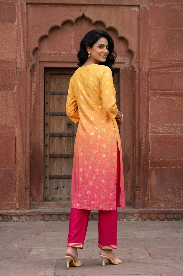 Mustard Ombre Ethnic Motifs Embroidered Straight Kurta