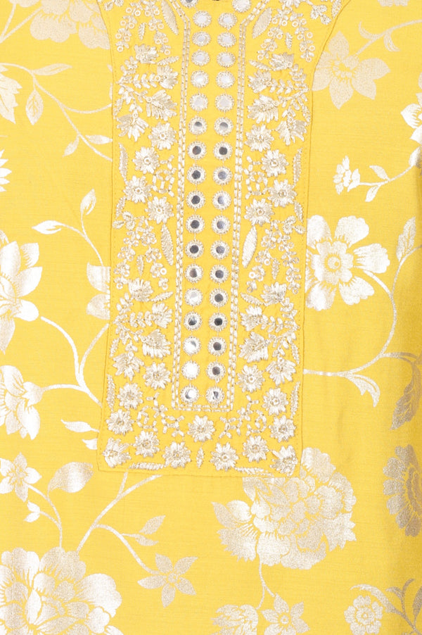 Aurelia Women's Mustard Floral Printed Embroidered Mirror Work Straight Kurta