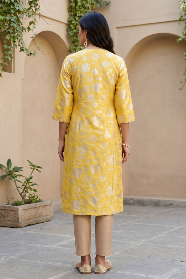 Aurelia Women's Mustard Floral Printed Embroidered Mirror Work Straight Kurta