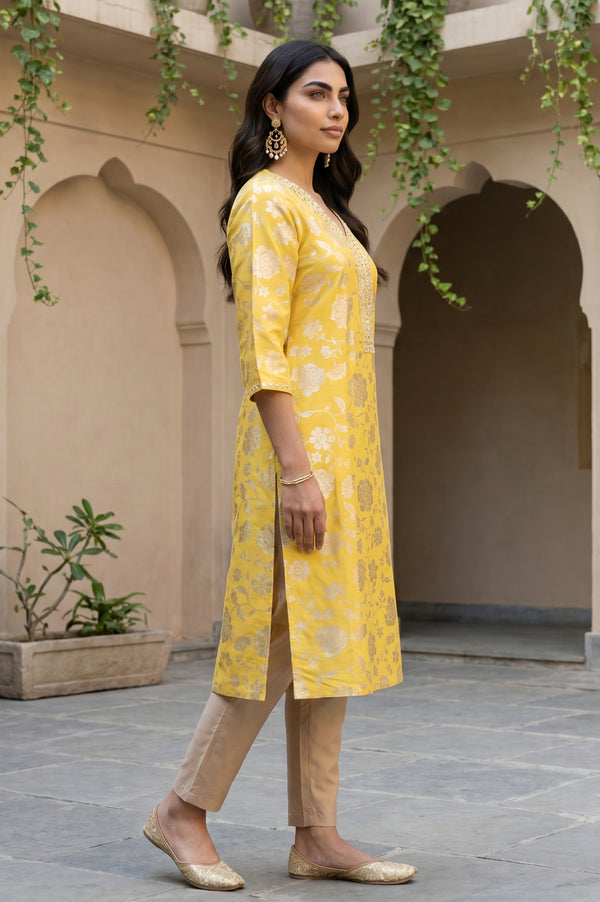 Aurelia Women's Mustard Floral Printed Embroidered Mirror Work Straight Kurta
