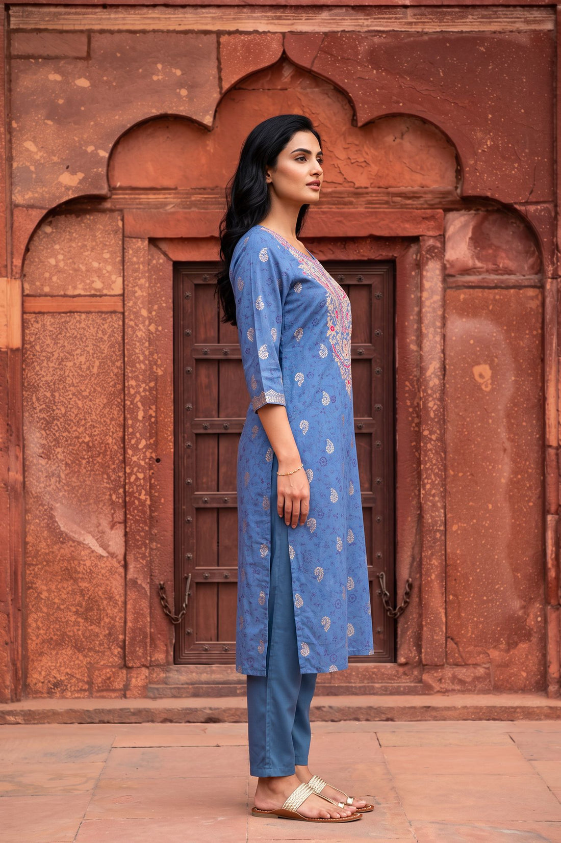 Blue Ethnic Motifs Foil Printed Embroidered Cm Silk Straight Kurta