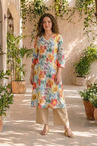 Off White Floral Printed Straight Kurta