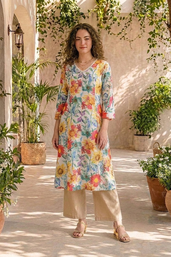 Off White Floral Printed Straight Kurta