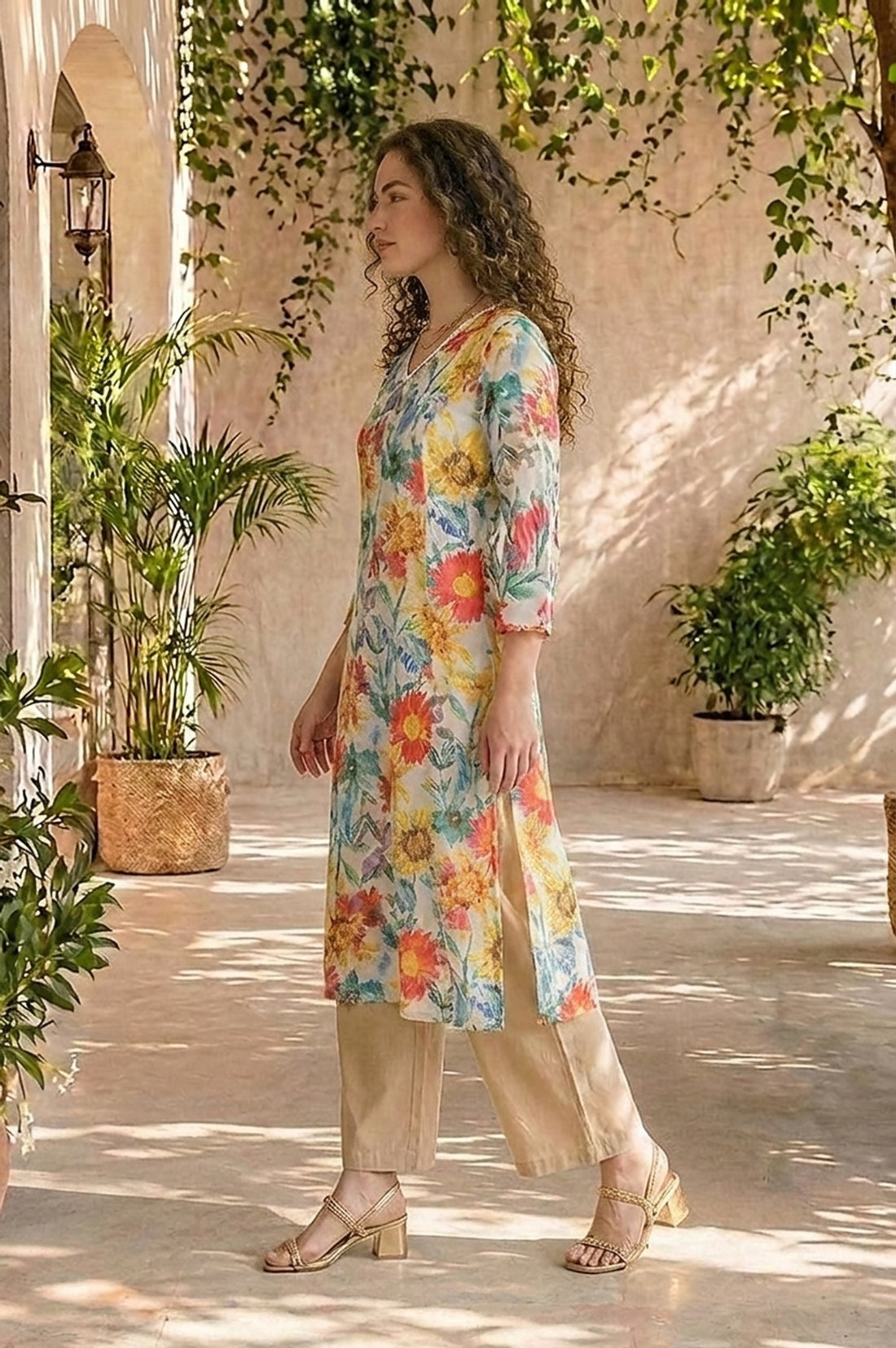 Off White Floral Printed Straight Kurta