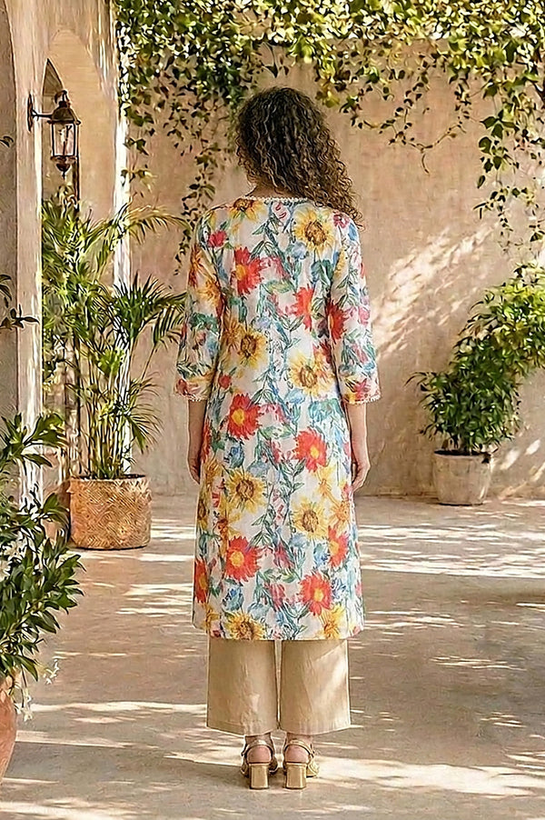 Off White Floral Printed Straight Kurta