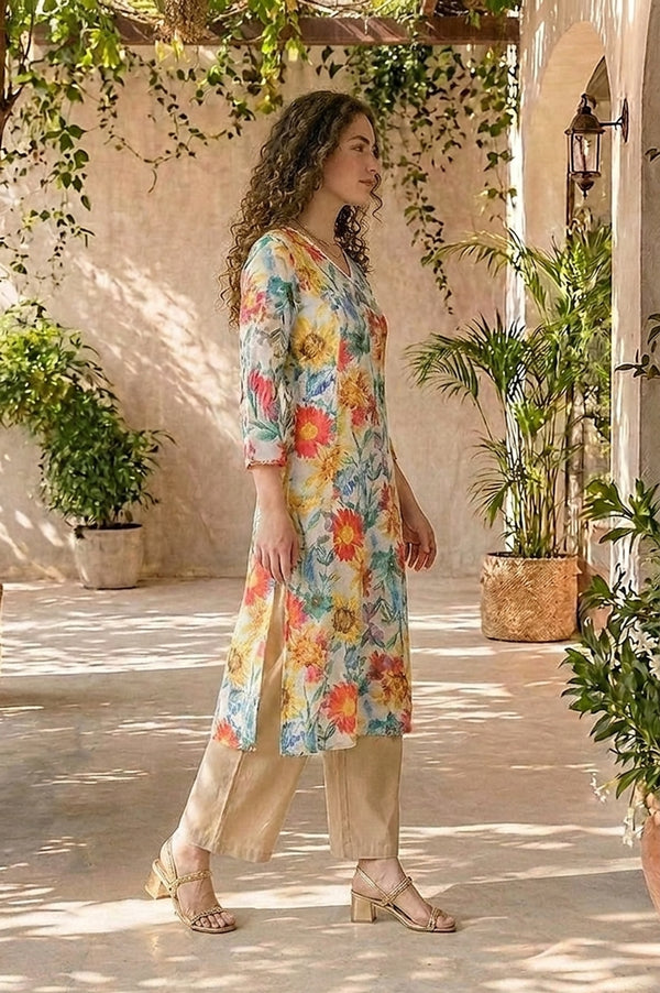 Off White Floral Printed Straight Kurta