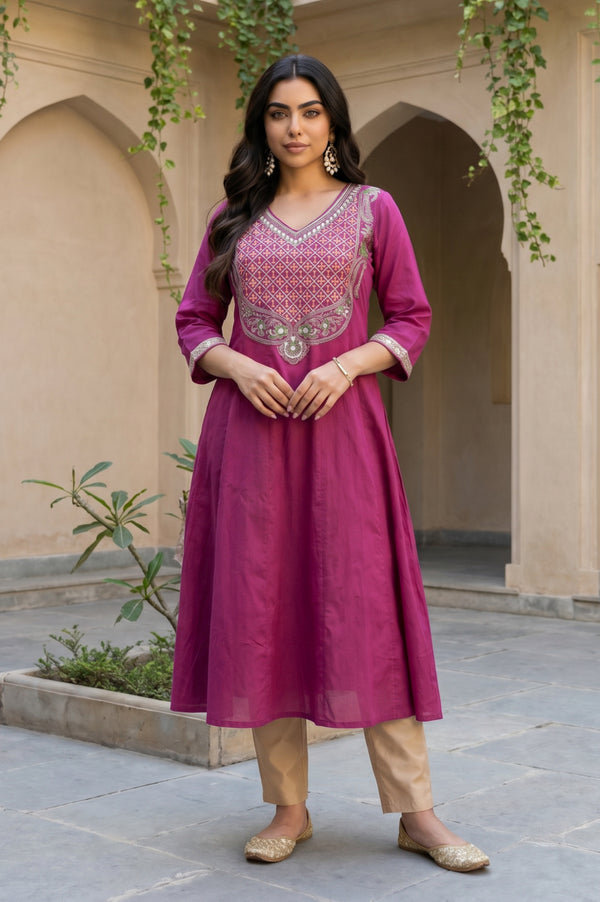 Aurelia Women's Purple Yarn Dyed Embroidered A-line Kurta