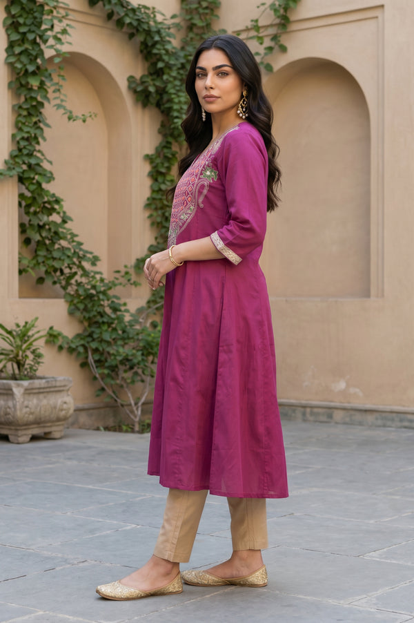 Aurelia Women's Purple Yarn Dyed Embroidered A-line Kurta