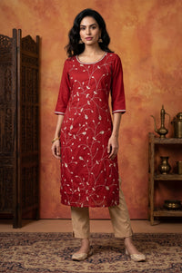 Red Embroidered Straight Kurta
