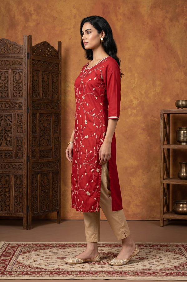 Red Embroidered Straight Kurta