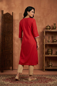 Red Embroidered Straight Kurta