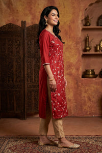 Red Embroidered Straight Kurta