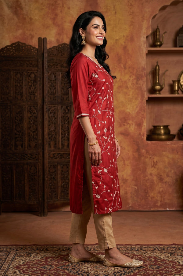Red Embroidered Straight Kurta