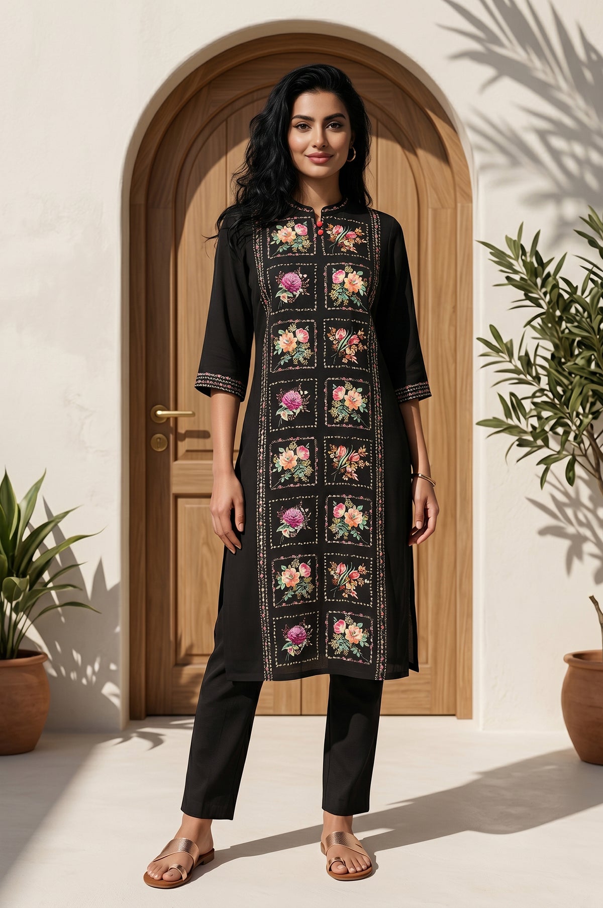 Black Floral Printed Rayon Straight Kurta - S